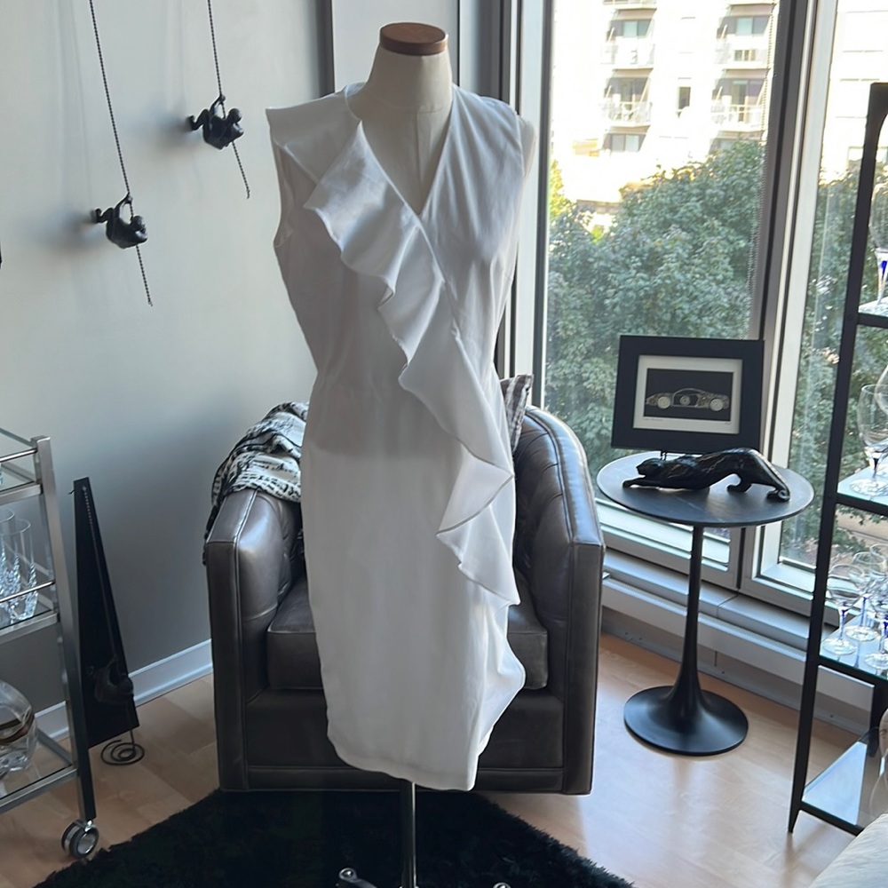 J. McLaughlin White Ruffle V-Neck Midi Dress